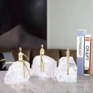 轻奢现代桌面铜人天然矿石摆件新中式样板间玄关电视柜软装工艺品