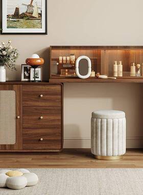 物中古风藤转编26616实木框梳妆台斗柜一体主卧室可伸妆缩角储化书桌