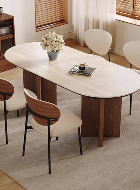 实木餐桌中古风椭德利丰洞岩板PUT石餐桌椅圆形客厅复古法式家用