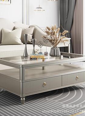 意桌式玻轻奢实木茶美式香槟色茶几IQV电视柜组合方形几茶璃储物