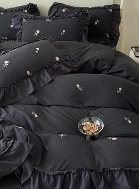 春季磨毛床上四件套纯色水洗棉被套笠公主风品KLF刺绣单床床床三