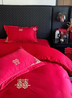 婚庆100长绒棉结支LM婚四大件套约纯棉婚嫁红色刺绣简被套陪嫁床