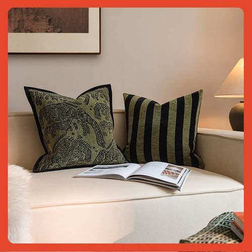 △复法古绿无品牌/式轻山虎客厅奢沙纹发抱枕样板间靠垫条纹雪尼