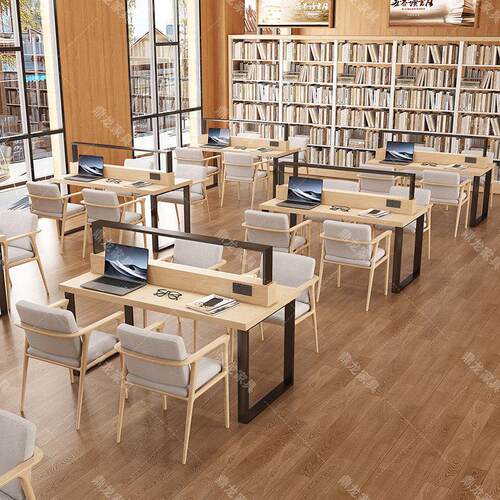 图书馆阅览桌带灯带书店阅读桌学校自习室书籍馆书桌学习阅读桌椅