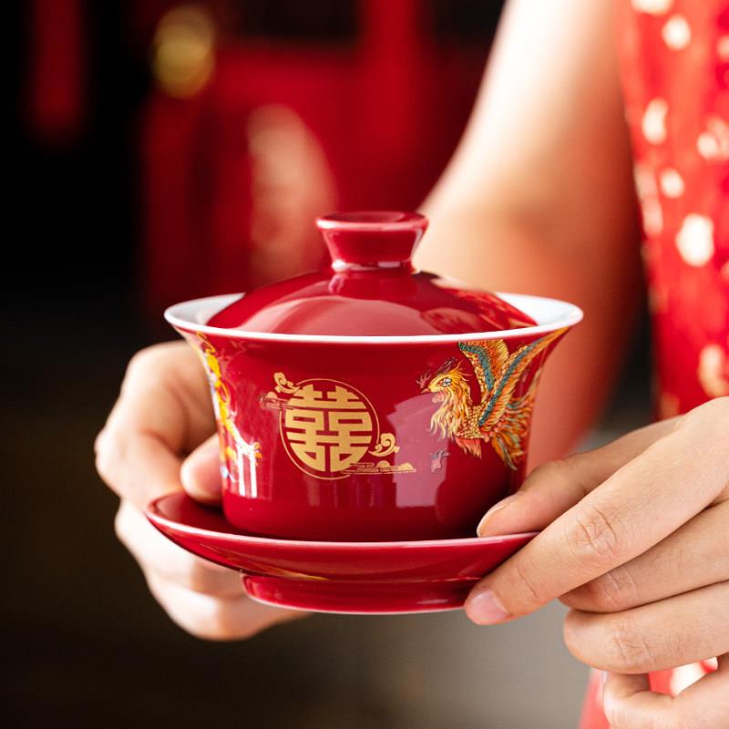 中式龙凤结婚敬茶杯礼盒套组一对红改口茶杯婚庆碗筷婚礼陪嫁用品