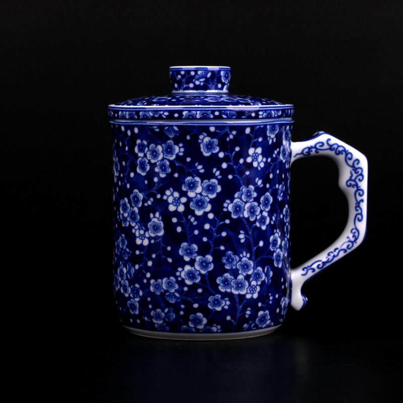 景德镇陶瓷茶杯带盖子过滤彷古青花冰梅陶瓷杯子茶水分离礼品办公