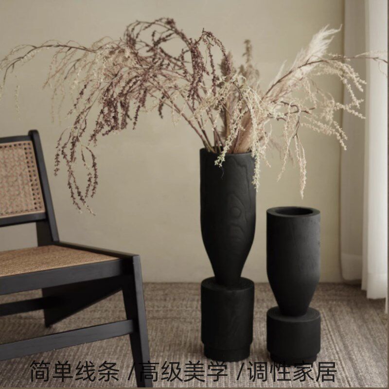 黑色实木落地大花瓶碳化木中式高级民宿书房玄关木质样板房摆件