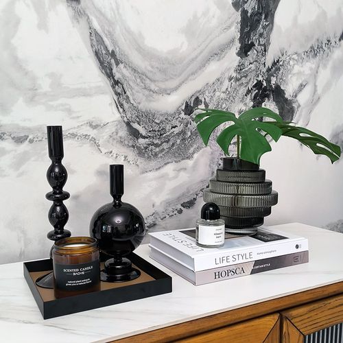 样板间客厅茶几简约现代家居软装饰品摆件仿真花玻璃烛台托盘组合