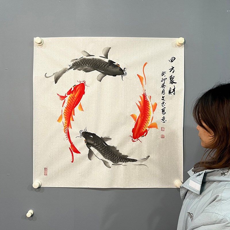 张文忠手绘写意国画四尺斗方九鱼双鱼四方聚财客厅餐厅办公室装饰