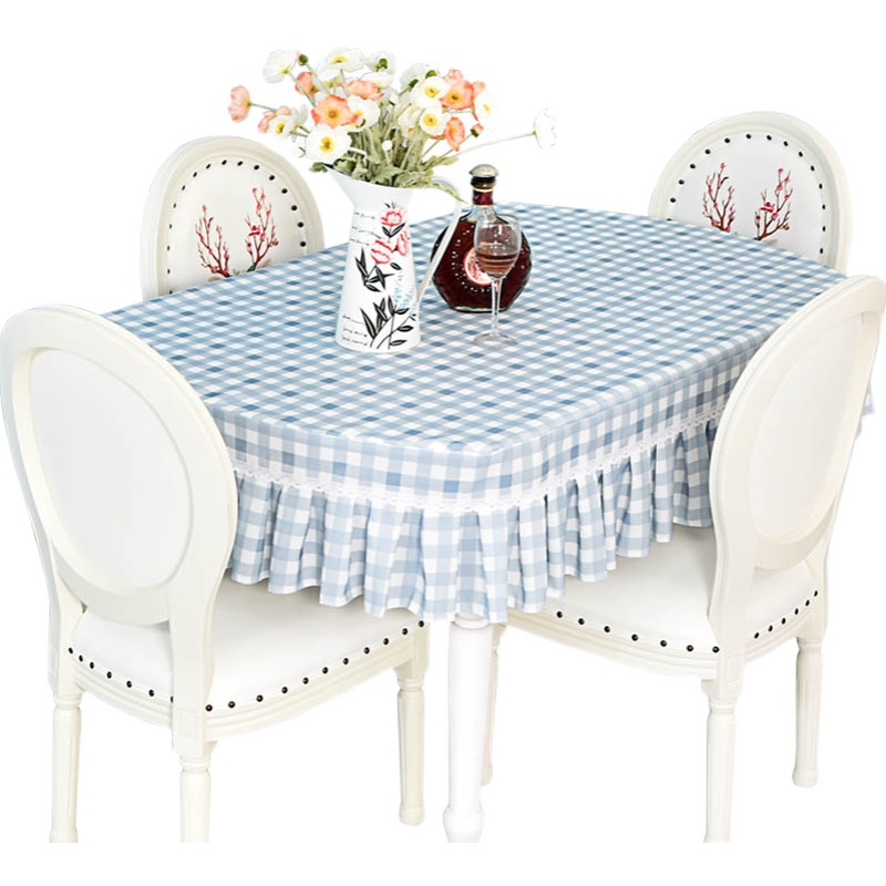 简约蓝色小格子餐桌罩长方形麻将电视柜盖布正方形老式方桌台布