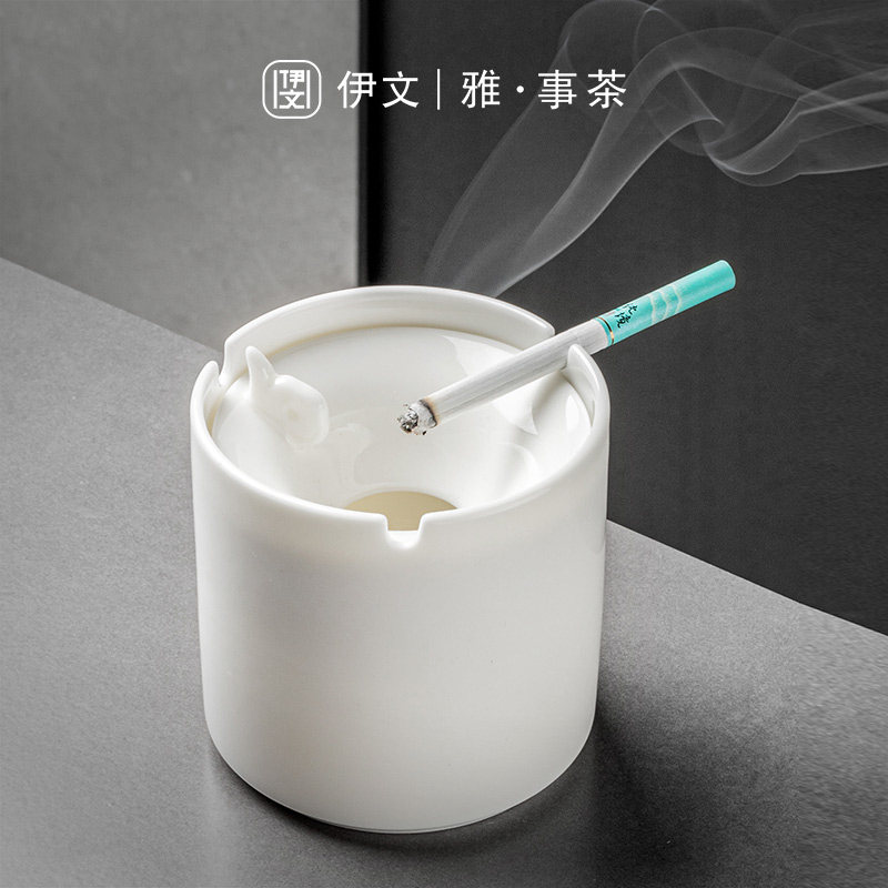 伊文陶瓷创意白瓷烟灰缸带盖防灰中式家用客厅烟缸办公室桌面摆件