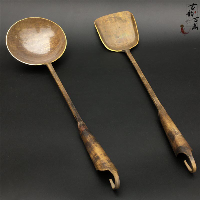 怀旧民俗古玩老式黄铜勺子铲子古代家用传统老物件仿古铜饭勺摆件