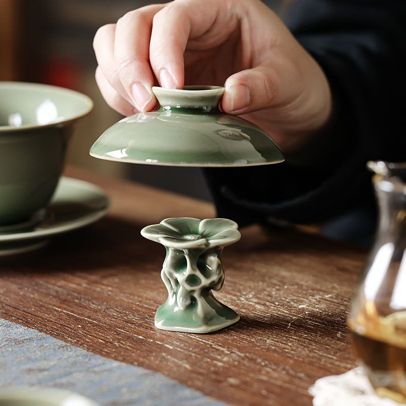 仿古越窑青瓷盖置盖碗茶壶盖子托功夫茶具茶道配件茶室茶桌小摆件