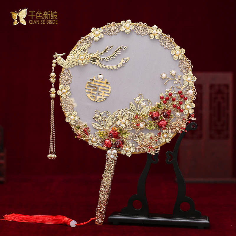 2021新款新娘中式古典石榴团扇手捧花扇宫廷扇结婚秀禾服配饰清如