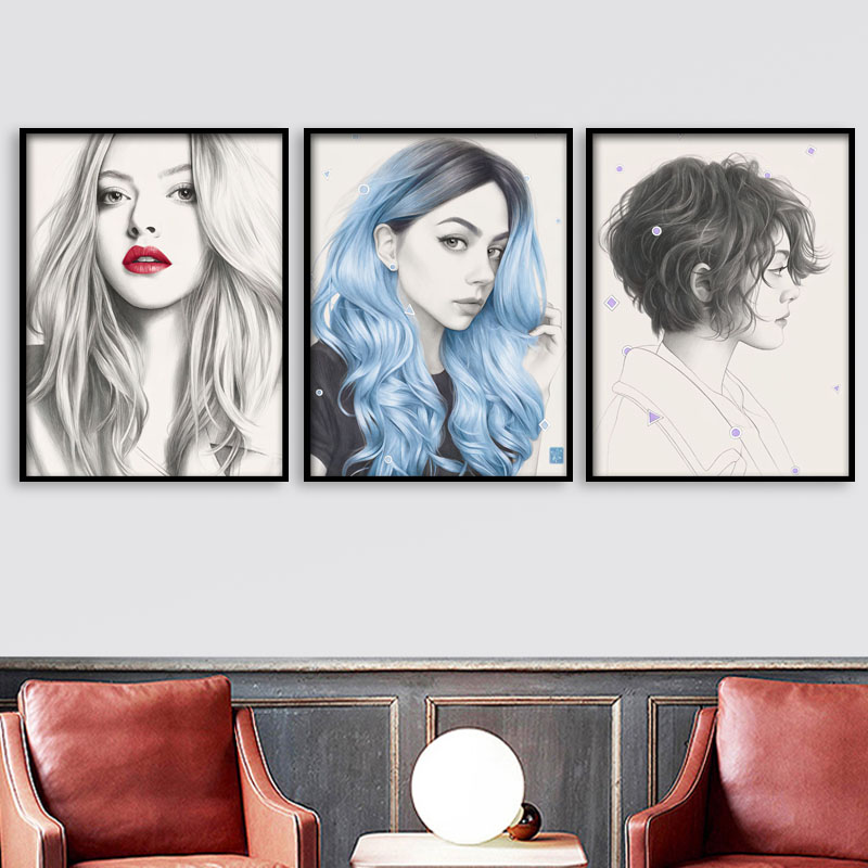 美容院墙面装饰画时尚美发店背景壁画理发店发廊美女人物素描挂画