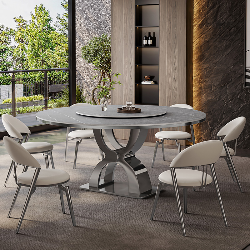 圆形岩板餐桌带转盘家用高端别墅设计师哑光灰色岩板加厚8人饭桌