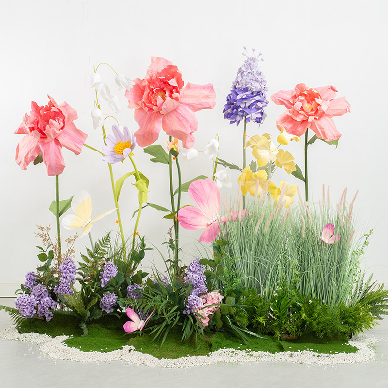 大型纸花绿植造景木槿花商场橱窗摆件仿真花草过道展厅花园景观
