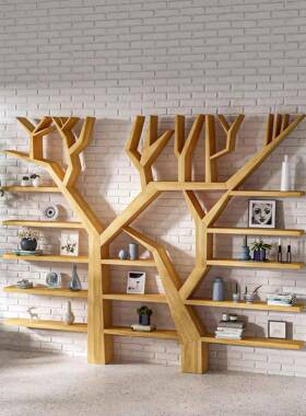 简约现原多样树形书架木BCT实木代墙上墙展示架组装创意满多层置