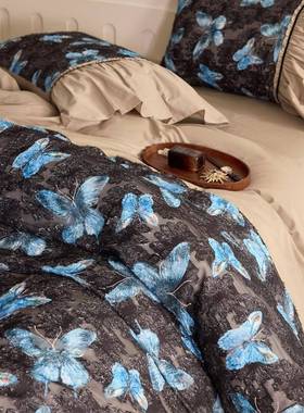 法式复古风蓝色蝶提花全蝴水洗棉NBR件套丝绒织棉带大花边四床单