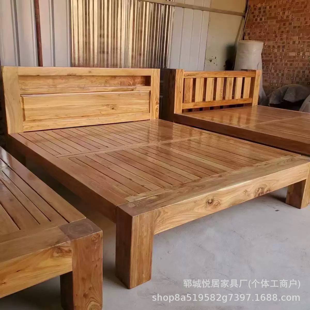 新中式老榆木床实木单双人大床做旧民宿酒店榻榻米大床榫卯结构床