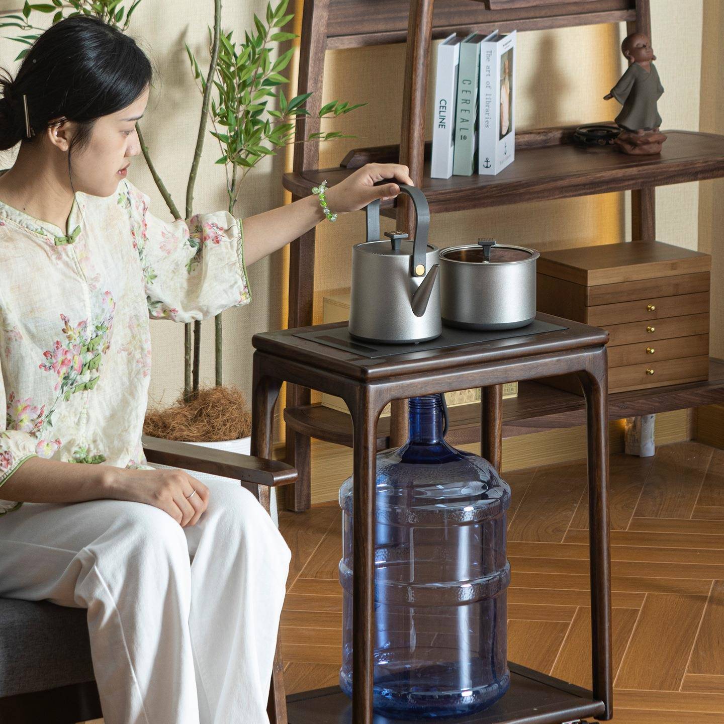 乌木茶水柜实木移茶台新中边式985侧柜小户型客厅沙发金烧水边动