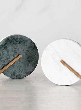 现代简约大理石金属时针摆件样板房白绿色桌面创意装饰品软装摆设