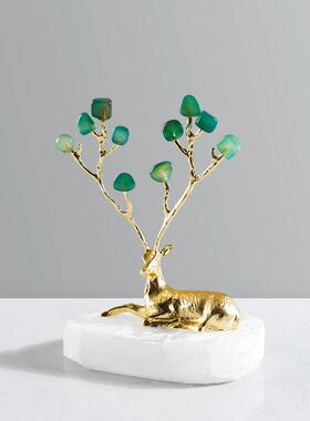 现代轻奢晶石底座绿色玛瑙鹿摆件客厅电视柜书房桌面家居装饰品