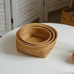 越南秋藤木编织水果篮干果坚果家用 糖果方底果盘高级摆件