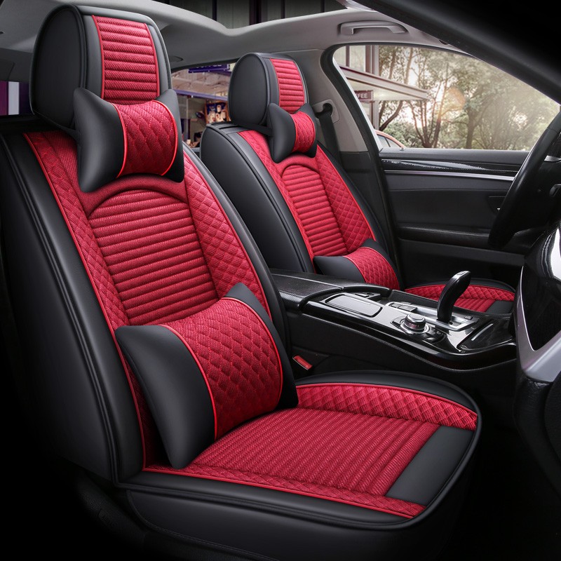 汽车坐垫四季通用座垫小车内五件亚麻座冰丝全包围座椅冬天