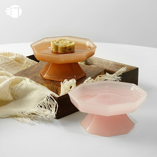 三汀粉色玻璃高足高脚盘中式点心盘茶点盘水果干果篮托盘复古果盘