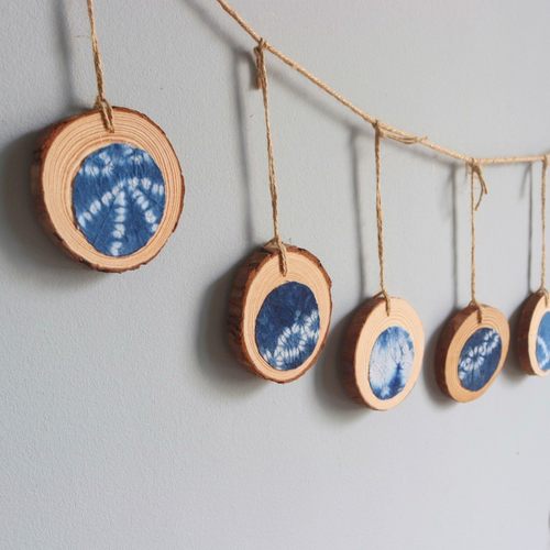 贴布小木片墙面挂件装饰品幼儿园家居玄关墙壁挂饰蓝色扎染布装饰