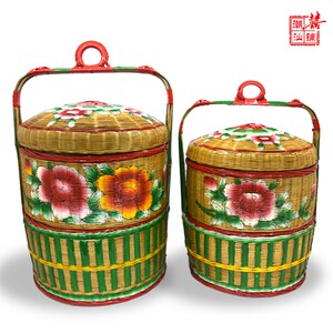 潮汕传统婚嫁娶用品纯手工两层春盛大桔牡丹花手绘潮州花篮竹篮子