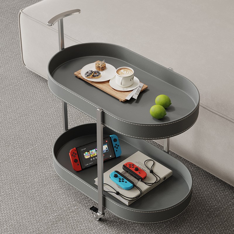 马鞍皮可移动推车现代简约沙发边带轮边几家用小户型椭圆形小茶几