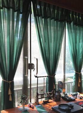 F756SJJJWB7窗帘复Z古绿轻色柔窗纱美式中式客餐厅卧室艺术墨压皱