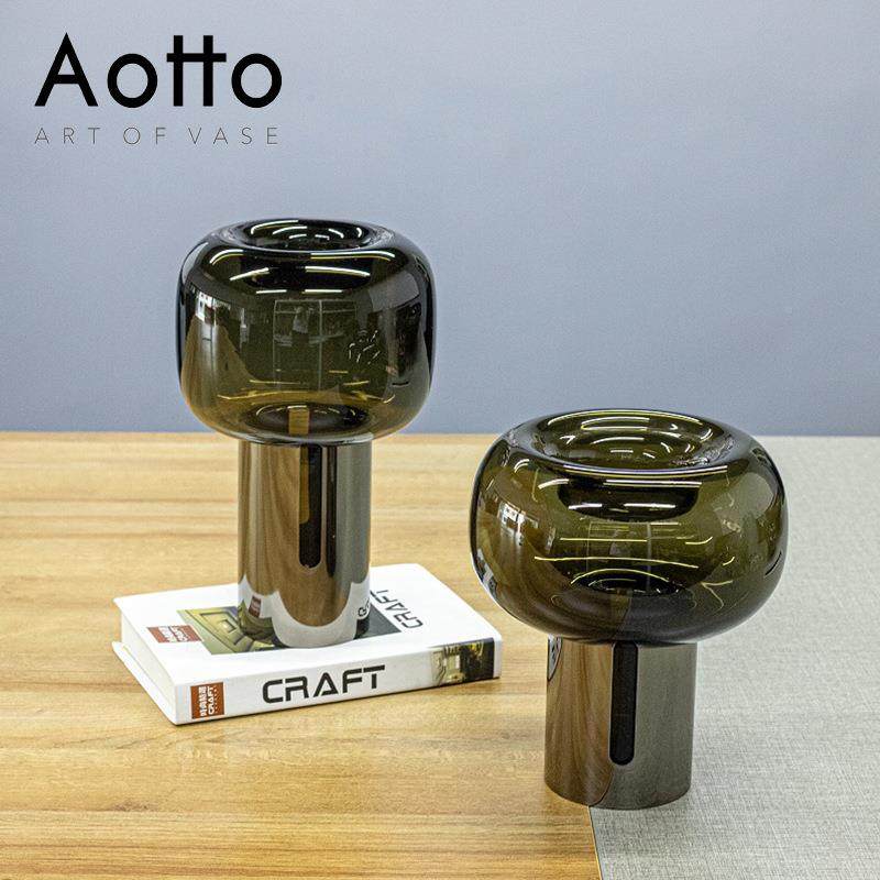 轻奢艺术意玻璃花瓶铁框餐圆筒底创座花瓶插OHV3704-桌软装饰品摆