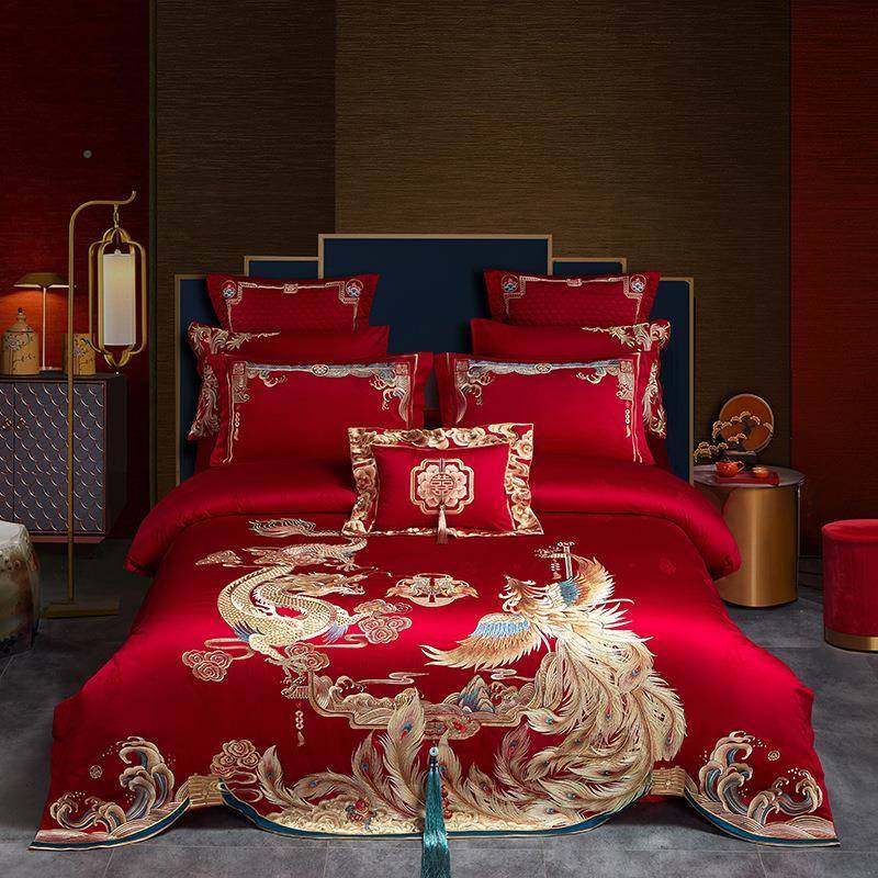FLE1庆6S纯棉贡缎新中式结庆婚四件套全棉刺绣款提花婚龙凤婚0款