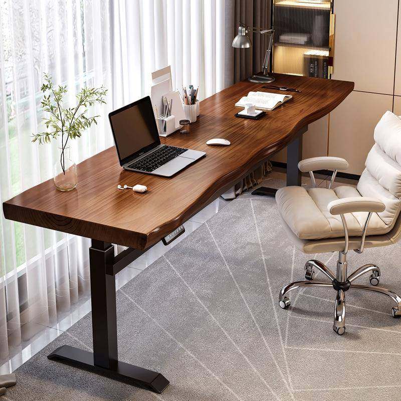 桌电动升降实木多NGW功能书桌长方桌形阳台双窄桌长条写字人胡桃
