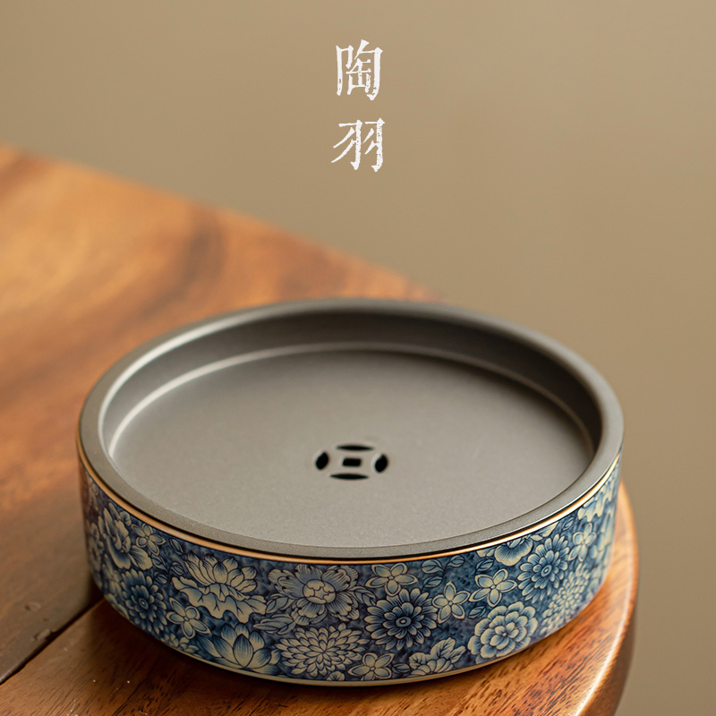 老陶泥青花万花壶承沥水干泡台小型家用功夫茶具迷你储水圆形托盘