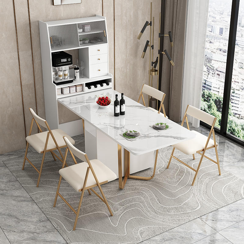 折叠餐桌岩板餐边柜一体可伸缩现代简约酒柜家用小户型多功能桌子
