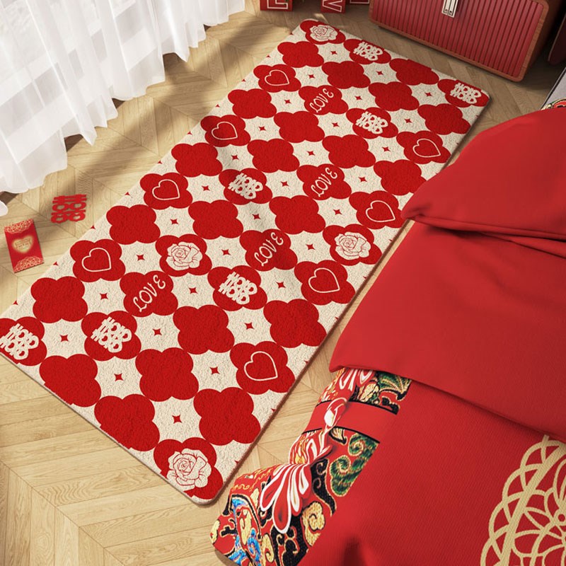 结婚床边地毯卧室红色喜庆婚房飘窗垫子婚庆喜字布置房间床前地垫
