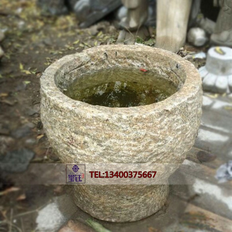 老物件老石缸花盆鱼缸老石槽石臼圆形石头盆养鱼池打糍耙配石木棰