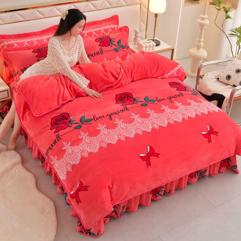 冬季加绒百福字四件珊瑚绒法兰绒被床单面绒床上床品