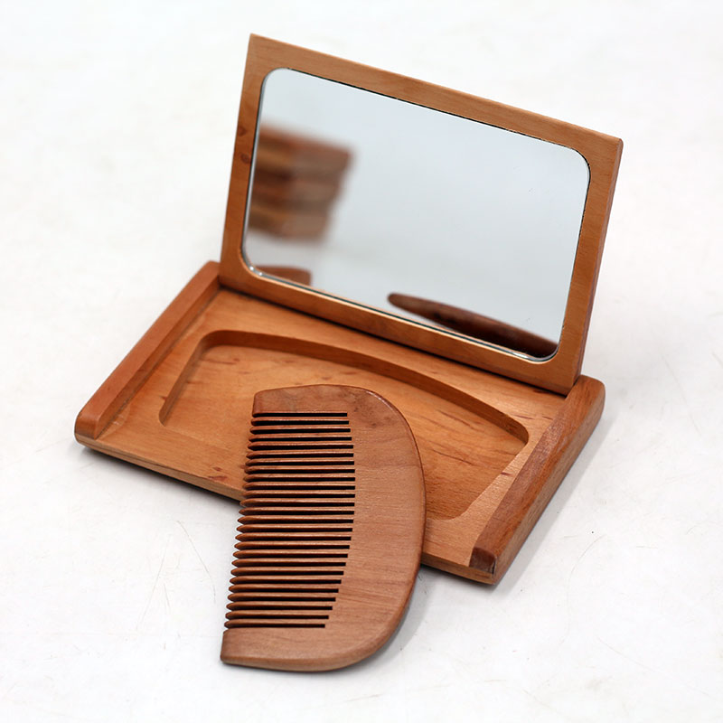 新款木质半月形折叠小镜子 便携式女士带梳子装镜工艺礼品
