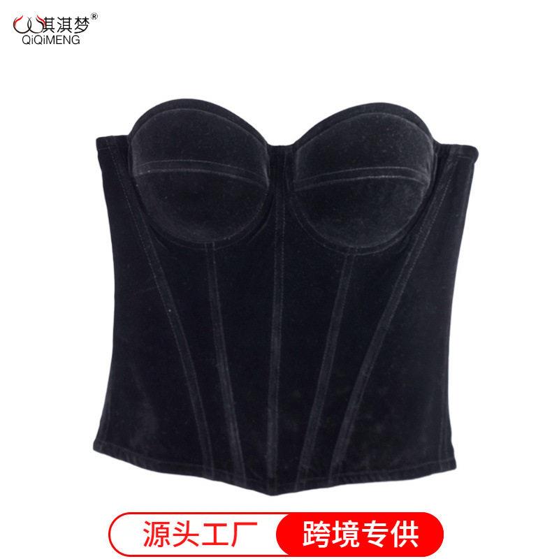 法式复古丝绒内搭抹胸鱼骨束腰美体女吊带带胸垫简约塑身礼服胸衣