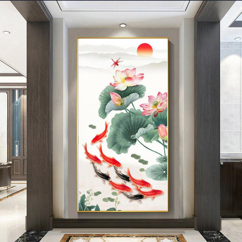 中式客厅走廊过道玄关装饰画竖版单幅挂画荷花九鱼图招财壁画灯画