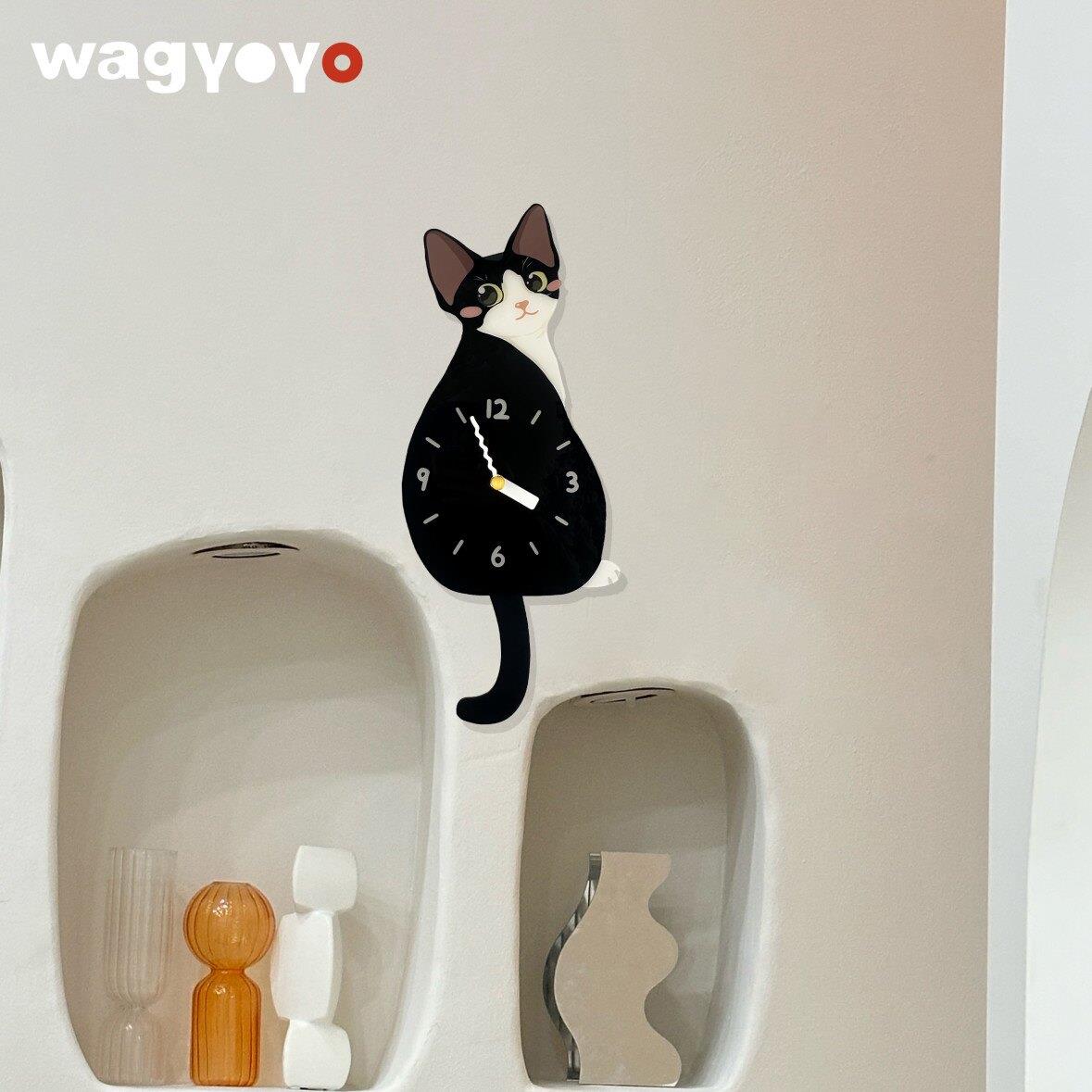 原创德文猫挂钟小猫挂钟尾巴可摇摆创意钟表乔迁礼物静音挂钟