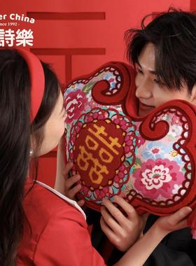 『鸳鸯囍垫QJU事』抱枕新中式婚喜房红色字靠结喜婚庆靠枕靠垫