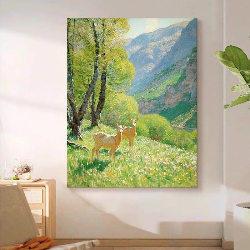 大芬村林深见鹿手绘油画绿色森林肌理画治愈系玄关装饰画客厅挂画