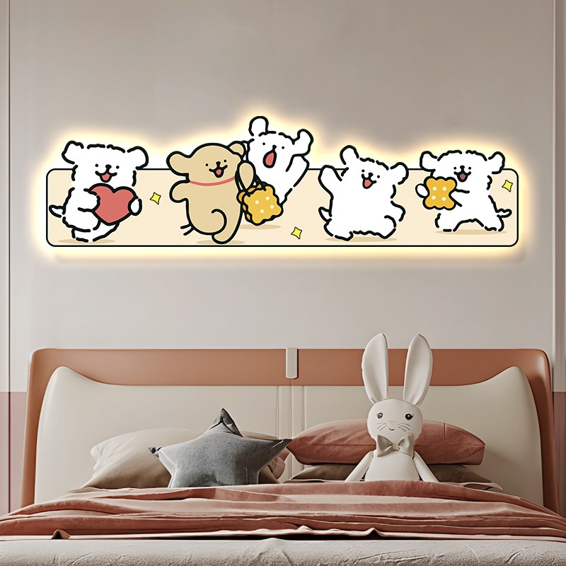 线条小狗儿童房卧室装饰画壁灯男女孩房床头画卡通挂画背景墙壁画