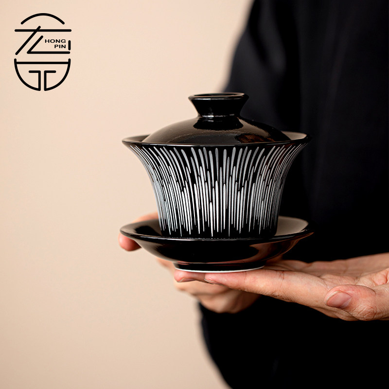 单个高档三才盖碗茶杯家用手工陶瓷泡茶碗茶室复古大容量沏茶工具